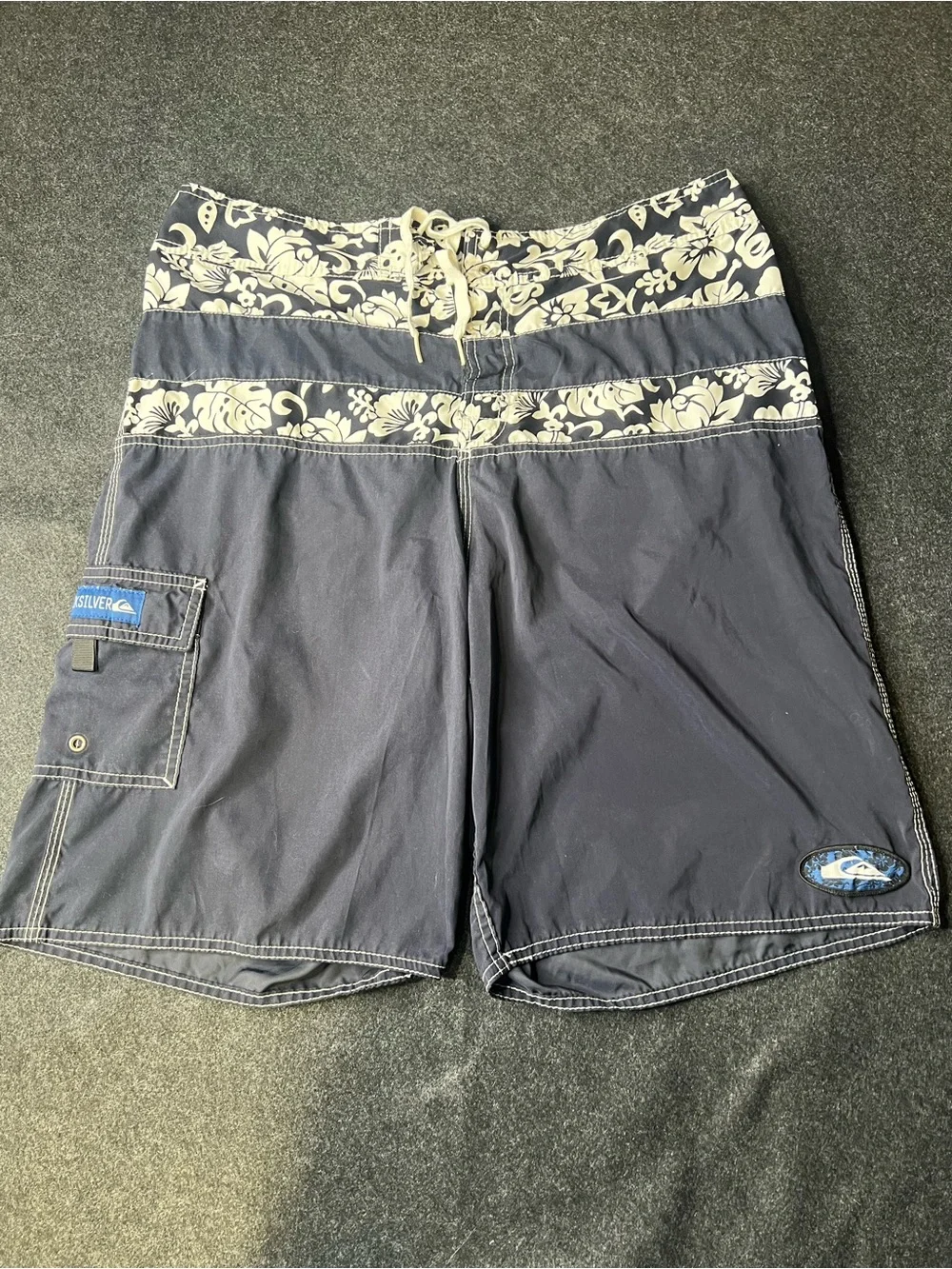 Y2K Quicksilver Blue Board Swim Trunks Beach Shorts Mens Size 34 Hawaiian Style